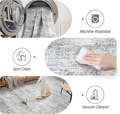 9x9 Grey Round Rug 9ft Living Room Circle Rug Vintage Round Area Rug Non Slip Indoor Carpet for Apartment