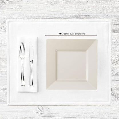 Smarty Had A Party 120 Disposable Plastic Dinnerware, 9.5" Fancy Square Ivory Plates for Parties and Events, Heavy Duty Supplies for All Occasions
