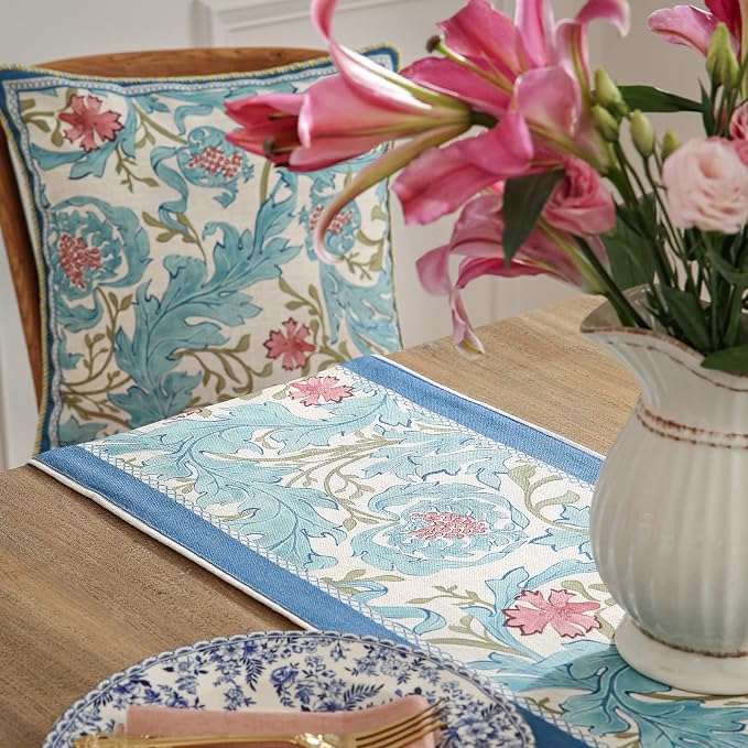 Patdrea Designer Vintage French Linen Table Runner, Elegant Blue Floral Pattern - Image 2