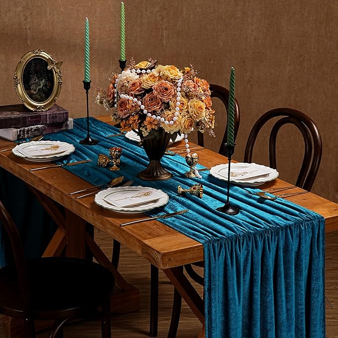 Peacock Blue Velvet Table Runner 29x120 Inch Luxury Retro Thick Runners | 5 by SoarDream