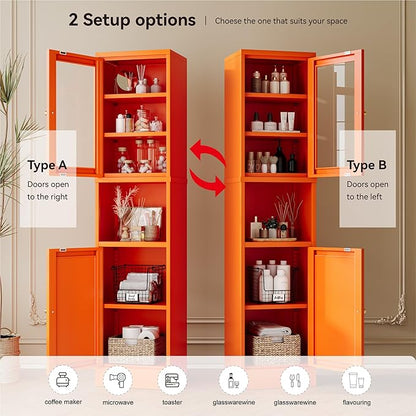2-Door Metal Storage Cabinet, Tall Slim Pantry Organizer with 3 Adjustable Shelves (120LBS/Shelf), Anti-Tipping Waterproof Cabinet for Bathroom/Kitchen/Home Office/Small Spaces,(1PC,Orange)