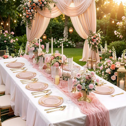 102PCS Pink Plastic Plates - Pink and Gold Plate - Heavyweight Disposable Plate with Gold Rim - Fancy Dinner & Dessert Plates for 51 Guests Weddings & Parties