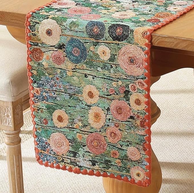 Monet Garden Style Peony Table Runner Terracotta 12 x 71 Inch | Floral Jacquard - Image 3