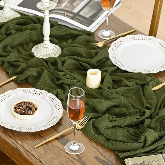 Artoid Mode 6PC Boho Cheesecloth Gauze Olive Green Wedding Table Runner - Image 3