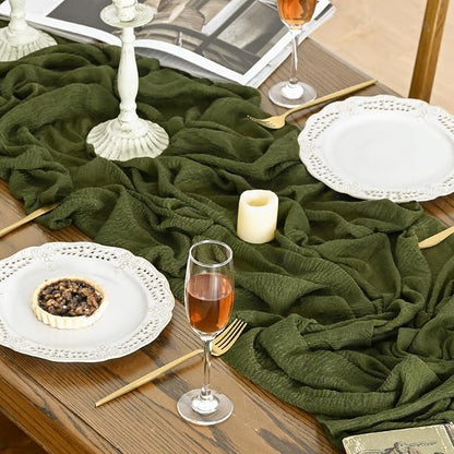 Artoid Mode 6PC Boho Cheesecloth Gauze Olive Green Wedding Table Runner - Image 3