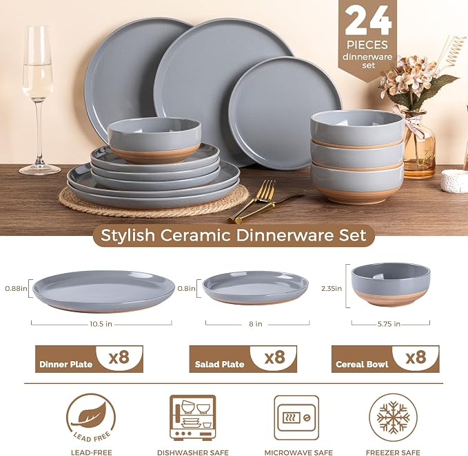 AmorArc Dinnerware Sets for 8, 24 Pieces Ceramic Plates and Bowls Set | Scratch - Image 3