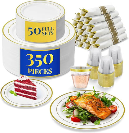 Reli. Plastic Plates for Party | 350 Pieces | White w/Gold Rim | Plates and Napkins Party Supplies | Disposable Dinnerware Set for 50 Guests | Dinner & Dessert Pack, Pre-Rolled Gold Cutlery Set, Cups