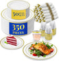 Reli. Plastic Plates for Party | 350 Pieces | White w/Gold Rim | Plates and Napkins Party Supplies | Disposable Dinnerware Set for 50 Guests | Dinner & Dessert Pack, Pre-Rolled Gold Cutlery Set, Cups