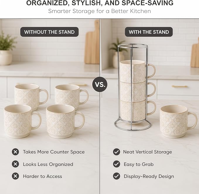 6 Oz Coffee Mugs with Stand, Stackable Coffee Cups Set of 4, Ceramic Espresso - Image 7