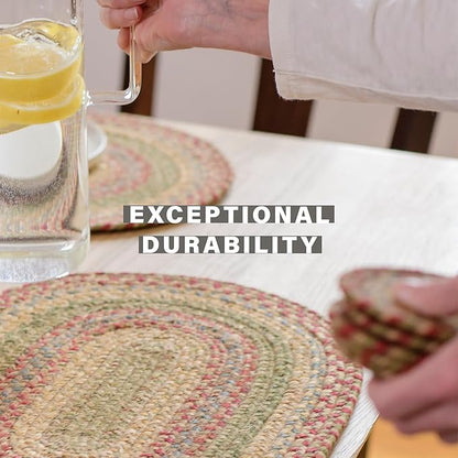Homespice Azalea Jute Braided Placemats, Warm Country Primitive Decor, Set of 4, Multicolor 13x19 Oval Table Mats - Vibrant Colors, Durable, Easy to Clean and Protects Furniture