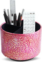 Round Leather Art Supply Organizer,Remote Control Holder,360 Degree Spinning,Multi-Functional Pencil Holder,4 Compartments Desktop Stationary Organizer(1-Rich Flower Pink)