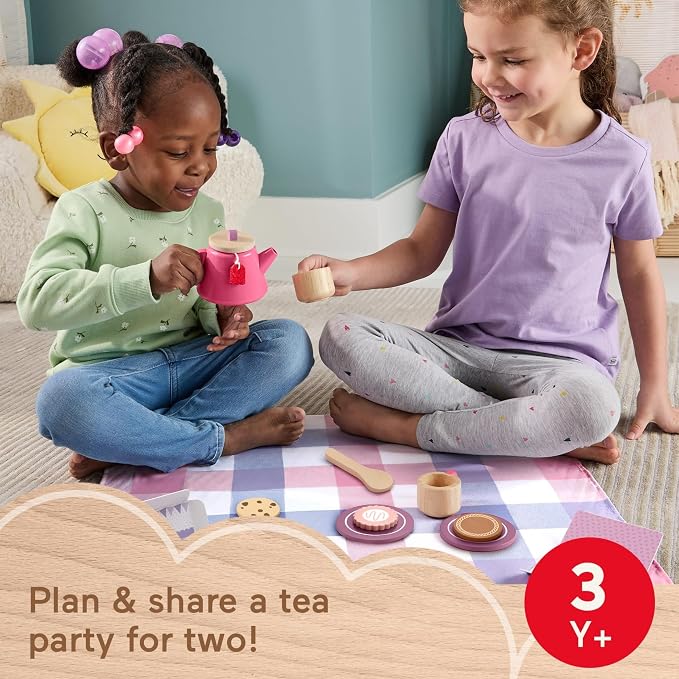Fisher-Price Wood Pretend Play Toy Picnic Tea Set, 18-Pieces - Image 2