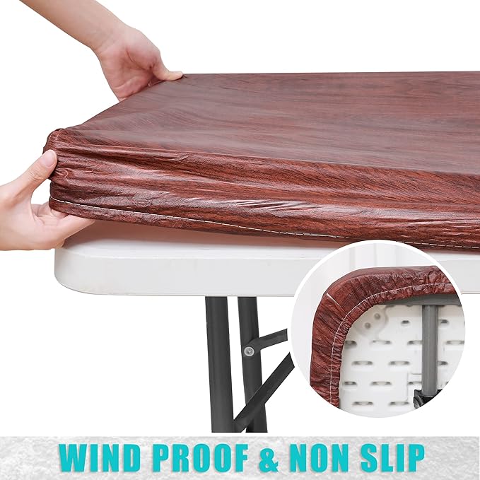 Smiry Rectangle Table Cloth Cover, Waterproof Elastic Fitted Picnic Tablecloth for 8 Foot Tables, Wipeable Flannel Backed Vinyl Tablecloths for Camping, Dining, Outdoor (Reddish Brown, 30" x 96")