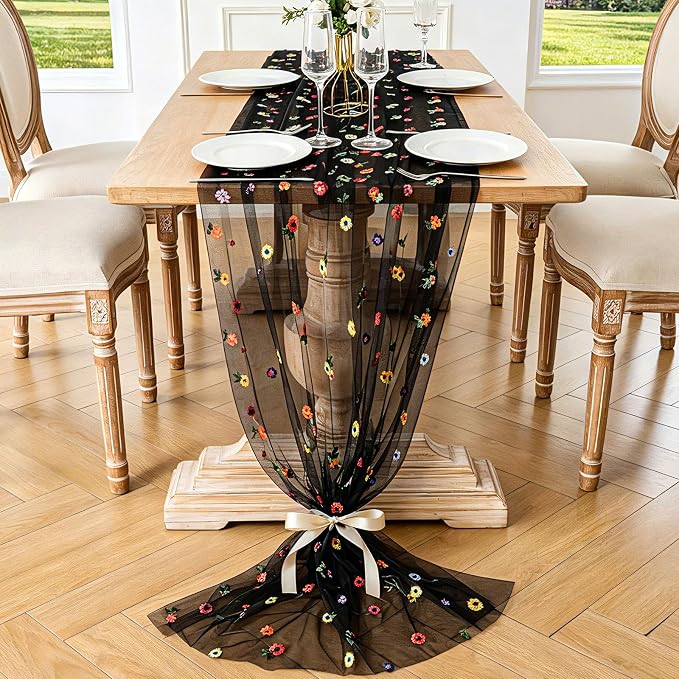 BINBE 12pcs Daisy Spring Table Runner Embroidery Gauze 10FT Florals Seasonal - Image 2