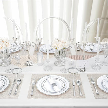 350 PCS White and Silver Plastic Dinnerware Set for 50 Guests, 100 Disposable Plates for Party, 50 Pre Rolled Napkins with Silver Silverware, 50 Cups