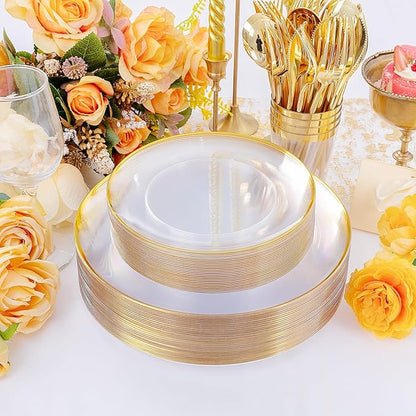 EI 180pcs Gold Plastic Plates,Clear Plates with Gold Trim,Plastic Plate for Party,Clear Dinnerware Set Silverware Cups for Baby Shower,Wedding,Spring Afternoon Tea
