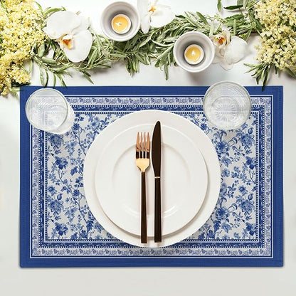 Blue Floral Branches Placemats Set of 4 ，12 x 18 Inch Chinoiserie Table Mats Washable Heat Resistant Linen Fabric Rectangle Place Mat for Indoor Outdoor Kitchen Dining Home Decor