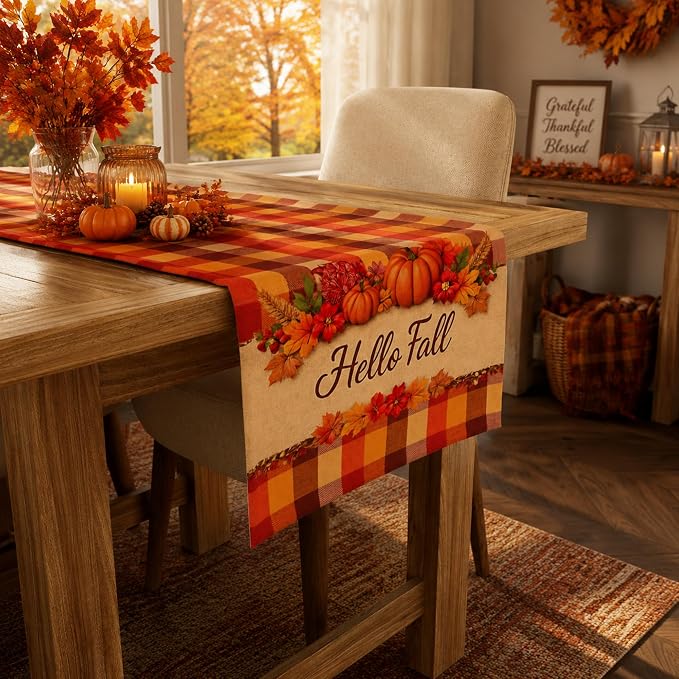 Fall Decor - Hello Fall Pumpkin Plaid Table Runner - Image 4