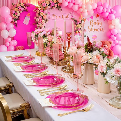 102PCS Clear Hot Pink Plastic Plates - Pink Disposable Plate with Gold Rim - Hot Pink Party Plates Include 51PCS 7.5inch Dessert & 10.25inch Dinner Plate for Wedding Birthday Valentine's Day