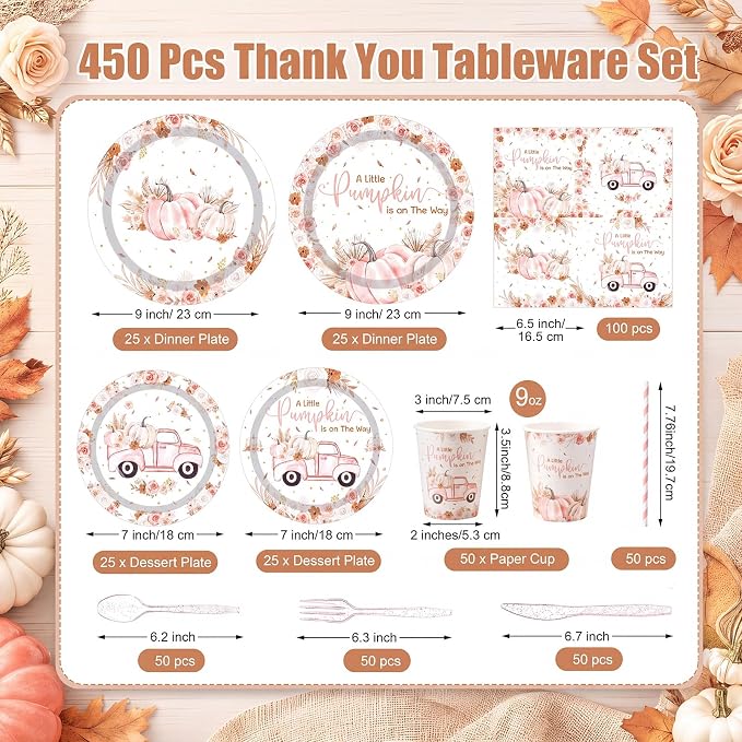 450 Pcs Little Pumpkin Baby Shower Set Decorations, Serves 50 | Pink A Little - Image 2