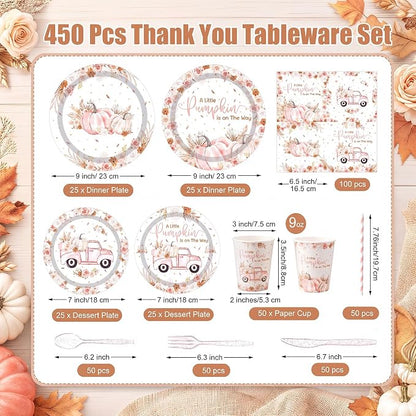 450 Pcs Little Pumpkin Baby Shower Set Decorations, Serves 50 | Pink A Little - Image 2
