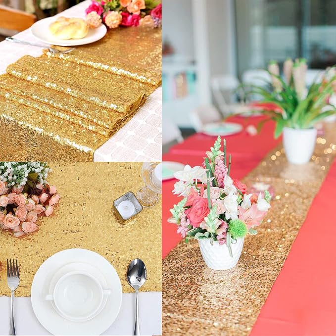 12 Packs Sequin Table Runner Champagne Gold 12 X 108 Inch Glitter Dining Table - Image 9
