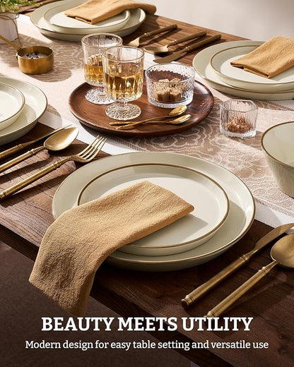 Famiware Saturn Plates and Bowls Dish Sets for 6 (18 Pieces), Stoneware Dinnerware Set with Hand-Painted Trim - Chip & Scratch Resistant, Microwave & Dishwasher Safe Ceramic Dishes, Vanilla White