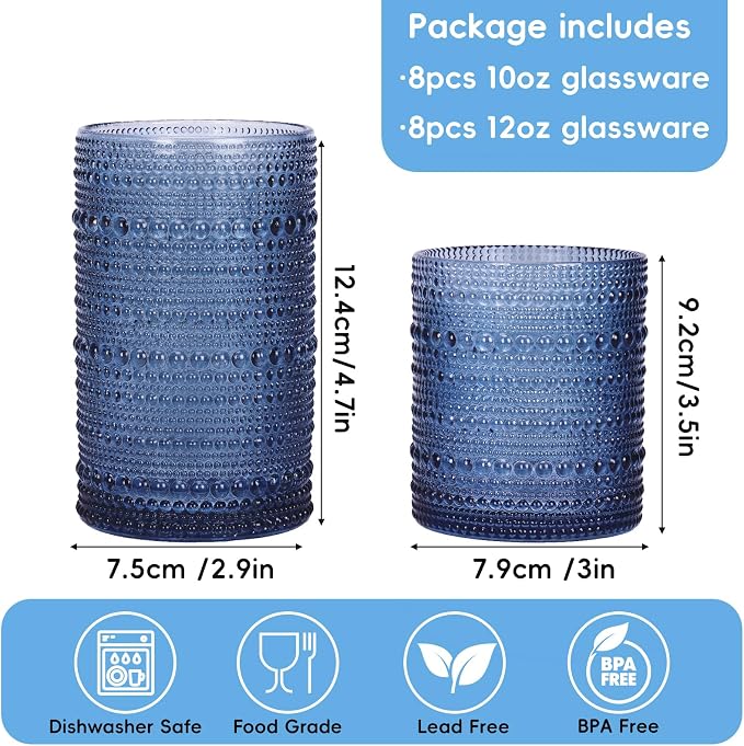 Moretoes Blue Hobnail Drinking Glasses Set of 16, Glass Cups | 12 Oz Highball - Image 3