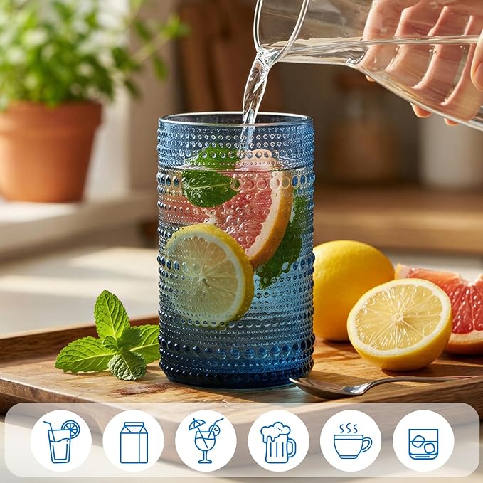 Moretoes Blue Hobnail Drinking Glasses Set of 16, Glass Cups | 12 Oz Highball - Image 4