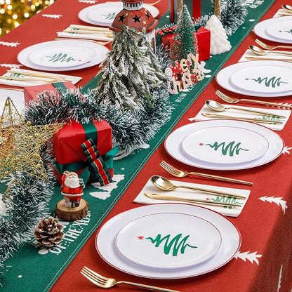 LIYH 60 Pcs Christmas Plates Disposable Heavy Duty, White Plastic Christmas Plates with Red Rim, Tableware Dishes, Xmas Party Decorations Holiday Party Supplies Serve for 30 Guests