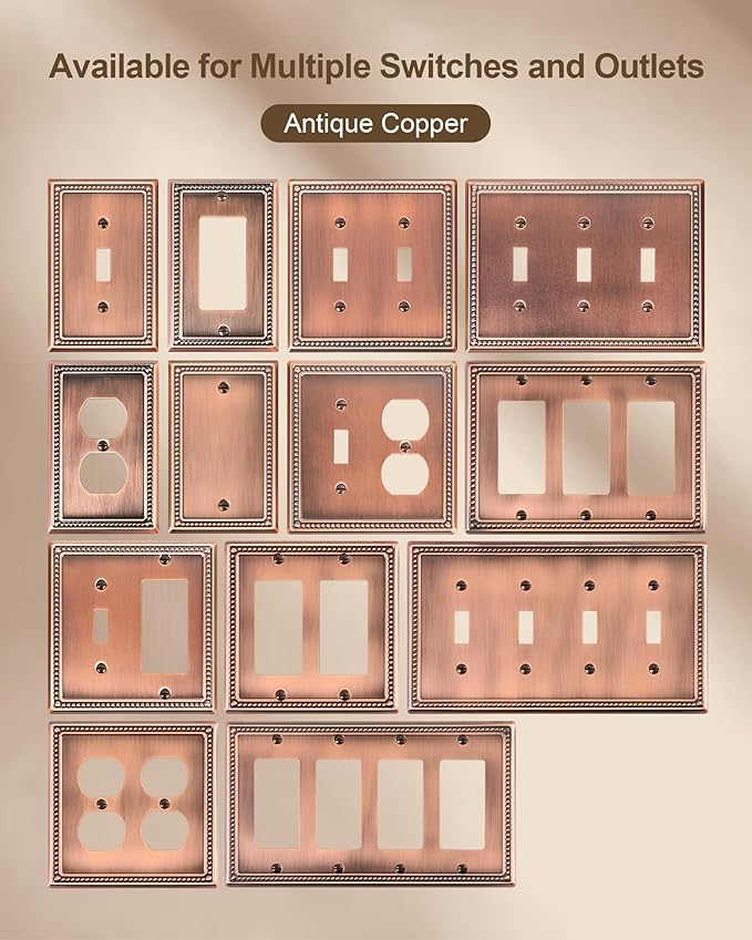 2-Pack Quad Toggle Light Switch Cover Plate, 4 Gang Metal Switch Plate Covers, Antique Copper Pearls Decorative Wall Plate, Corrosion Resistant