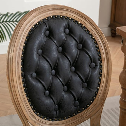 Ball & Cast French Vintage Upholstered Dining Chairs Set of 2, Button Tufted Kitchen Side-Chairs with Carved Antique Wood Frame & Nailhead Trims, PU-Leather Curved Backrest Louis Chair, PU Black