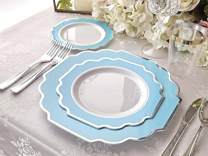 " OCCASIONS " 120 Plates Pack,(60 Guests) Heavyweight Premium Wedding Party Disposable Plastic Plates -60 x10.5'' Dinner + 60 x 8'' Salad/Dessert (Imperial Aqua & Silver)