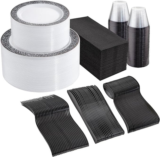 WELLIFE 350Pcs Black Plastic Dinnerware and Napkins Party Supplies Include:50 Dinner Plates, 50 Dessert Plates, 50 Napkins, 50 Cups and 50 Plastic Cutlery