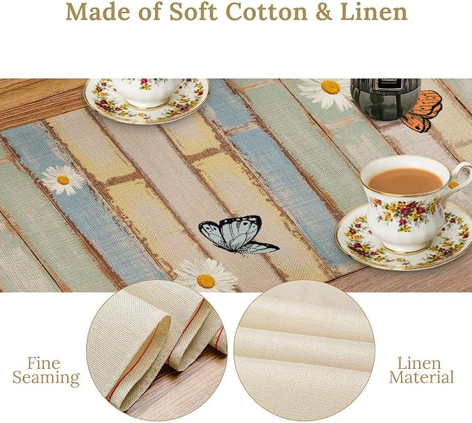 White Daisy Table Runner, Rustic Spring Sunflowers Floral Flower Wooden Boards - Image 6