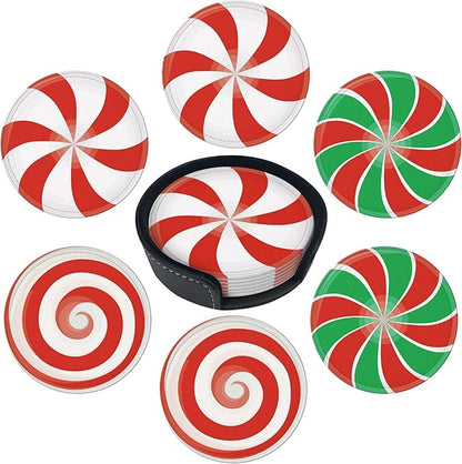 Christmas Candy Coasters Leather Round Drink Coasters 6 Pcs Set with Holderor for Cup Drink Coffee Table Bar Home Decor