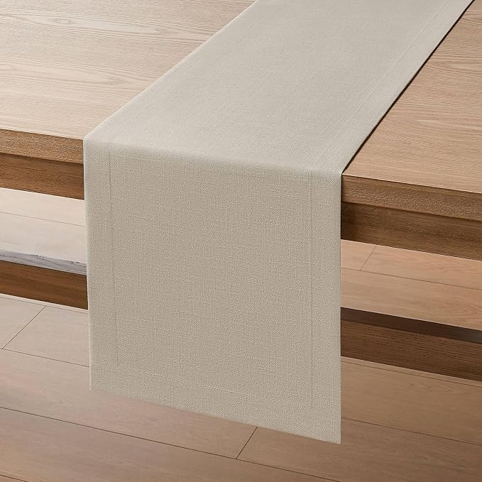 Linen Textured Border Table Runner, 14 x 72 Inch Natural | Mitered Corner Design - Image 7