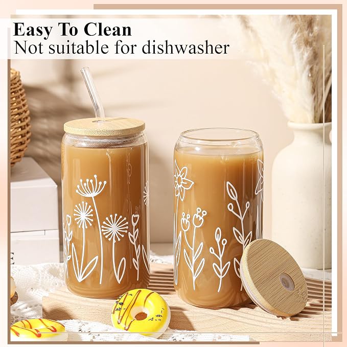 Mumufy 2 Pack Glass Cups Gift Aesthetic Cute Glass Cup Tumbler Flower Iced - Image 4