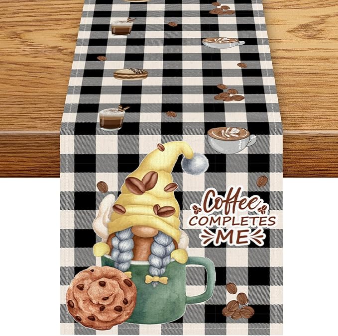 Coffee Time Table Runner, Rustic Black White Plaid Buffalo Gnome Coffee Theme by Unknown