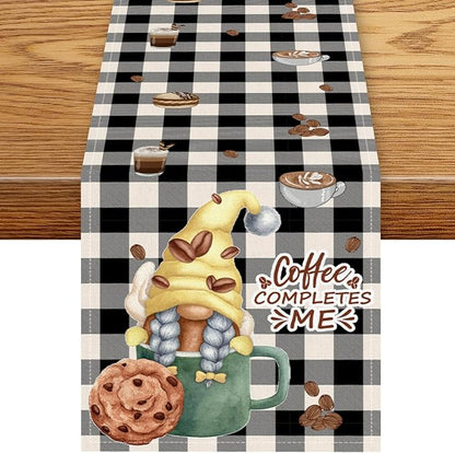 Coffee Time Table Runner, Rustic Black White Plaid Buffalo Gnome Coffee Theme by Unknown