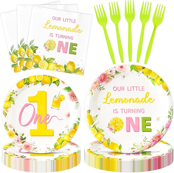 96Pcs Lemon 1st Party Plates Supplies Pink Yellow Our Little Lemonade Is by G1ngtar