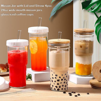 DWTS DANWEITESI Mason Jar with Lid and Straw, 24 oz Iced Coffee Cup with Bamboo - Image 4