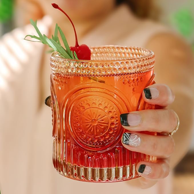 Ribbed Retro Arch Floral Rose Gold Drinking Glasses Set of 6, Vintage Glassware - Image 4