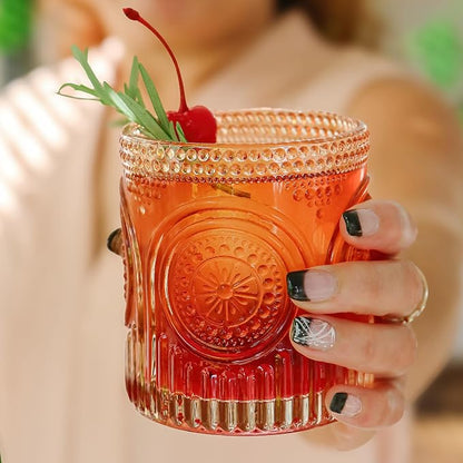 Ribbed Retro Arch Floral Rose Gold Drinking Glasses Set of 6, Vintage Glassware - Image 4