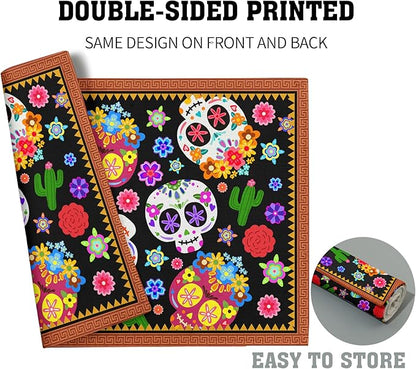 Mexican Placemats Set of 4 - Colorful Floral Skull Table Place Mats 12x18 for Indoor Outdoor Kitchen Dining Table