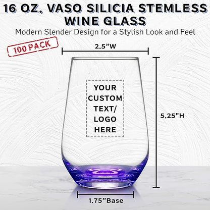 DISCOUNT PROMOS 100 Vaso Silicia Stemless Wine Glasses Set, 16 oz. - Personalized Text, Logo - Clear, Orb-Like, Thick base - Purple