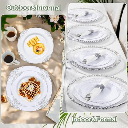 Nervure 700PCS Silver Plastic Plates - Silver Plastic Dinnerware Sets for 100 Guests - 200 Disposable Plates, 300 Silverware, 100 Cups, 100 Napkins for Wedding & Party