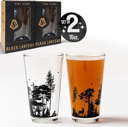 Black Lantern Pint Glasses Forest Animal Landscape Pint Glasses Set - 2 16oz. Beer Glasses