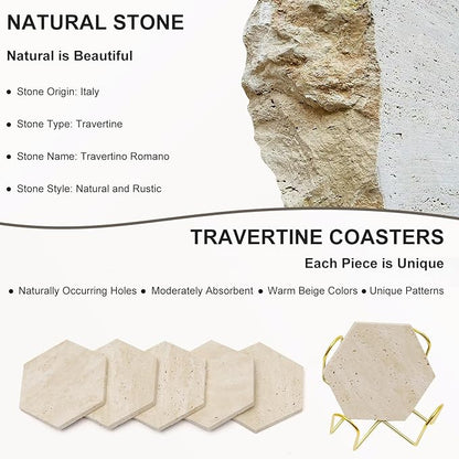 Travertine Coasters Set of 6 with Gold Holder, Hexagonal Rustic Beige Marble Drink Coasters for Coffee Table Decor, Porous Stone Absorbent Coaster for Drinks, Velvet Backed
