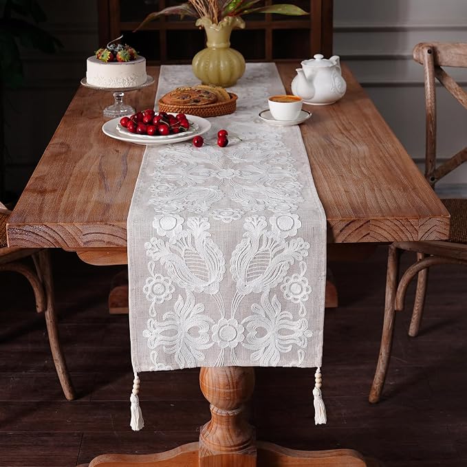 Embroidered Table Runner Boho Farmhouse Dresser Scarf, 4 Tassel Pendants - Image 3